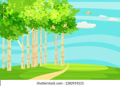 Spring green landscape at the edge of the forest, a hill. The path goes into the distance. Birds singing. Blue sky. Bright juicy colors. Vector, illustration, isolated. Cartoon style