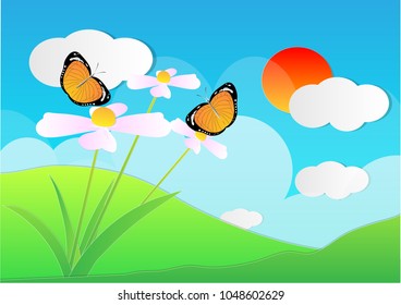 spring green landscape with grass flower blooming and butterflies , sun cloudy blue sky, morning to fresh days, vector art and illustration, spring summer scene concept.