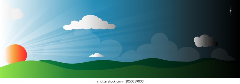 spring green landscape in morning time , sunrise and sun lighting ray on blue sky background with cloudy, green mountain and white cloudy, spring summer scene concept, vector art and illustration.