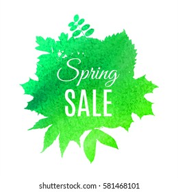 Spring green leaf foliage watercolor. Spring sale off . Web banner or poster for e-commerce, on-line cosmetics shop, fashion and beauty shop, store. Vector illustration. EPS 10