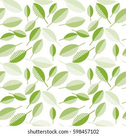 spring green leaves abstract vector illustration on wight background. seamless pattern with modern geometry pattern leaf. surface design for wrapping paper, fabric, box, cloth, backdrop