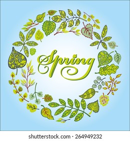 Spring green leaves ,branches wreath,circle composition,poster,background.Vector illustration.Stylized ornament,pattern group