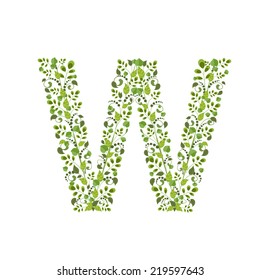 Spring green leaves. eco letter W