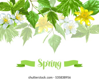 Spring green leaves and flowers. Background with plants twig buds.