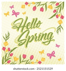 Spring with green leaves, flowers, and butterflies. Flowers blooming in spring. Spring Flourishing concept. Flat vector illustration.