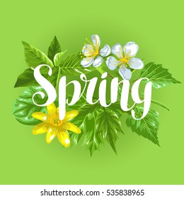 Spring green leaves and flowers. Card with plants twig buds.