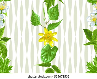 Spring green leaves and flowers. Seamless pattern with plants, twig, bud.