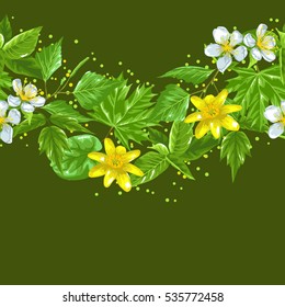 Spring green leaves and flowers. Seamless border with plants, twig, bud.