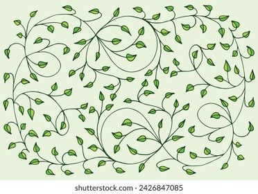 Spring green, light, cute background, frame of floral tree branch, leaf, plants. Elegant, aesthetic, stylish elements for Decoration. Hand drawing doodles of vintage botanical elements. Space for text