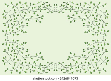 Spring green, light, cute background, frame of floral tree branch, leaf, plants. Elegant, aesthetic, stylish elements for Decoration. Hand drawing doodles of vintage botanical elements. Space for text