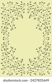 Spring green, light, cute background, frame of floral tree branch, leaf, plants. Elegant, aesthetic, stylish elements for Decoration. Hand drawing doodles of vintage botanical elements. Space for text