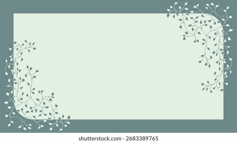 Spring green, light, soft, muted background, frame of floral tree branch, leaf, plants. Elegant, aesthetic, stylish elements for Decoration. Hand drawing doodles of botanical elements. Space for text