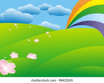 spring green meadow and rainbow after rain