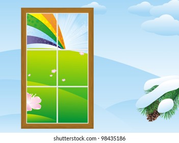 spring green meadow and rainbow after rain in window in the middle of a winter landscape