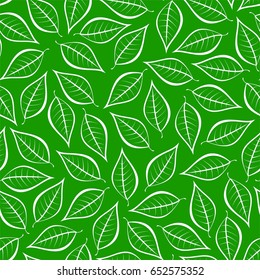 Spring green natural background from contours of white leaves. Seamless decorative eco backdrop. Environmental pattern with floral leaves 