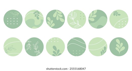 Spring green neutral minimal Instagram Highlight set. Round icons with botanical motifs for store, blog, social network page. Vector graphics