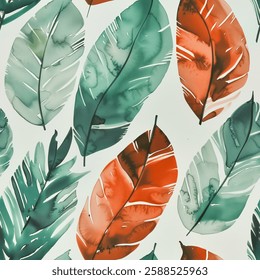 Spring Green Orange Pink Brown Oak Eucalyptus Leaf Foliage Watercolor Abstract Scandinavian Design Seamless Pattern Wallpaper Curtain Bedding Background Upholstery Gift Wrapping Paper Vector