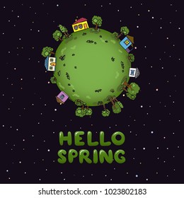 Spring green planet in Space - vector season illustraton