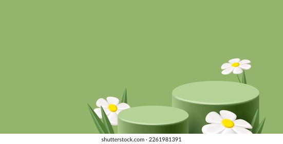 Spring green podium, cylinder pedestal with white chamomile daysy flowers and grass, render 3d graphics