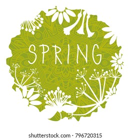 Spring green ragged circle with white flowers around borders and green mandala inside