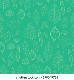 Spring green seamless vector pattern. Nature element and leaves. Outlined version.