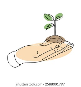Spring green sprout in hand on linear style. Vector illustration with multicolor spots isolated on white background
