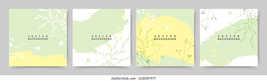 Spring green square backgrounds. Minimalistic style with floral elements and texture. Editable vector template for card, banner,  invitation, social media post, poster, mobile apps, web ads - Shutterstock ID 2120397977