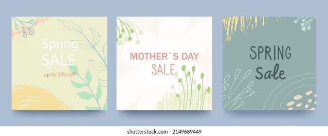Spring green square backgrounds. Minimalistic style with floral elements and texture. Editable template. Sale banner. Vector illustration