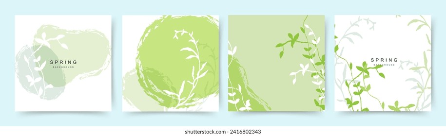 Spring green square backgrounds. Minimalistic style with floral elements and texture. Vector template for card, banner,  invitation, social media post, poster, mobile apps, web ads