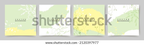 Spring green square backgrounds. Minimalistic style
with floral elements and texture. Editable vector template for
card, banner,  invitation, social media post, poster, mobile apps,
web ads