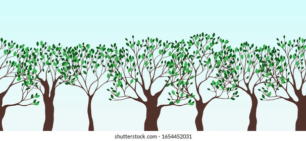 Árboles verdes de primavera y cielo azul. Borde vectorial transparente. Gerden. Ilustración de verano