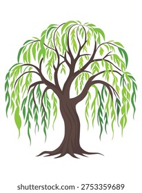 Spring green willow, willow leaves, ancient style, hand-drawn, cutout elements