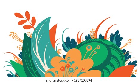 Spring green, yellow, red leaves and flowers