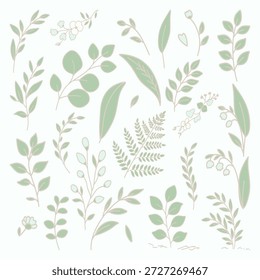 Frühlingsgrün Clipart, einschließlich Eukalyptus, Farne, Weidenzweige und weiches Grün. Ideal für Branding, Hochzeits-Briefpapier, nahtlose Musterherstellung und Poster