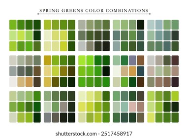 Spring greens color palette. Trend color palette guide template. Fit for fashion designers, business, and paints colors company. Match combinations. Vector graphics. Eps 10.