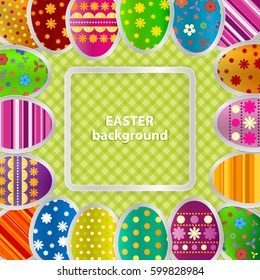 Spring greeting background with Easter eggs. Festive paper images of eggs on a square light frame. Country style green tablecloth. Vector greetings card with the Happy Easter!