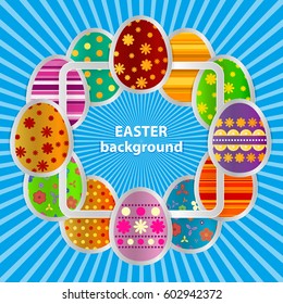 Spring greeting background with Easter eggs. Festive paper images of eggs on a square light frame. Light blue rays on a blue background. Vector greetings card with the Happy Easter!