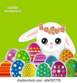 Spring greeting background with Easter eggs and a cute little white bunny. Festive paper images of decorated eggs and rabbit on a green background. Vector greetings card with the Happy Easter!