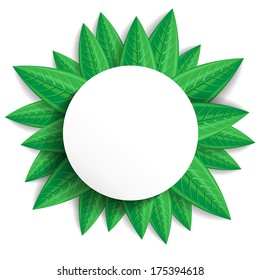 Spring greeting background with green leaves and space for text in form round