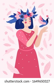 Spring greeting card or banner for happy women's day or March 8. Pretty woman in a wreath of flowers releases a bird into the sky. Symbol of spring and love. Cartoon girl smiles. Vector illustration