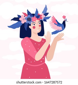 Spring greeting card or banner in vector. Beautiful woman in a wreath of flowers releases a bird into the sky. Symbol of spring, freedom and love. Girl in a pink dress. Illustration Happy women's day