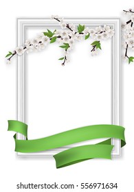 Spring greeting card with blooming branch, vintage photo frame and green ribbon. Realistic vector template with blank space for text.