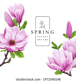 Spring greeting card with blooming magnolia flowers