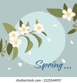 Tarjeta de saludo de primavera con un árbol floreciente y hermosas flores. Ilustración del vector