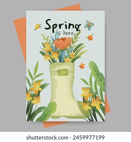 Spring greeting card with boots and flowers illustration. template for flyer  poster