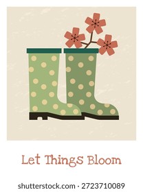 Spring greeting card with boots and flowers. Pastel minimalist illustration.