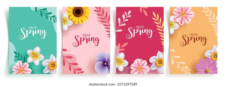 Spring greeting card clipart poster set. Hello spring text in abstract colorful background with beautiful flowers and leaves decoration elements. Vector illustration holiday postcard clip art. 
