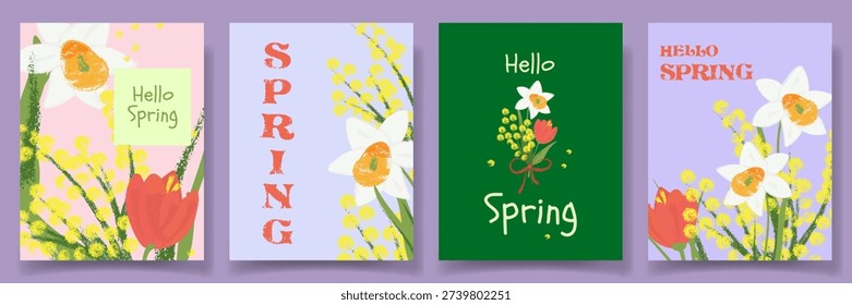 Spring Greeting card collection in kid crayon hand drawn style. Childrens chalk drawing floral templates with daffodil, tulip and mimosa for social media, printable card, invitation, marketing design.