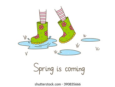 Spring greeting card with color rubber boots