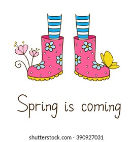 Spring greeting card with color rubber boots